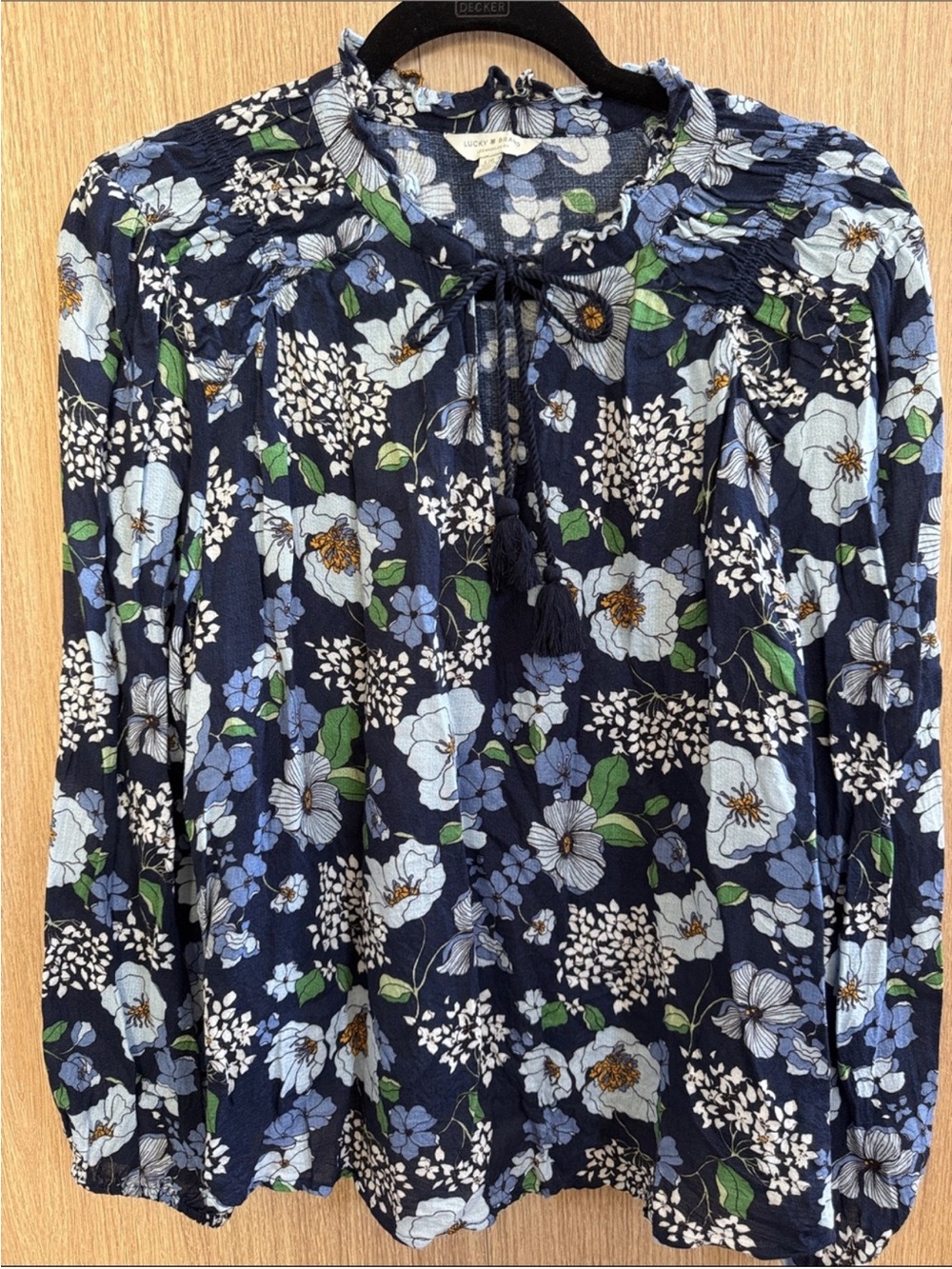 Lucky Brand Navy white Floral Tie-Neck peasant Boho Blouse